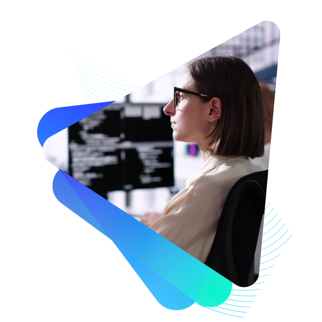 A technologist with glasses using a computer with a monitor of code. The frame is made up of triangles with rounded edges and a cool color palette.